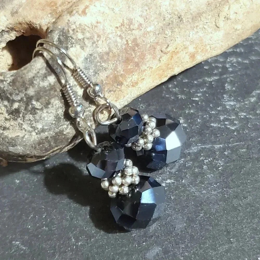Black Faceted Crystal Rondelle Beads Silver Plated Dotted Beads Earrings